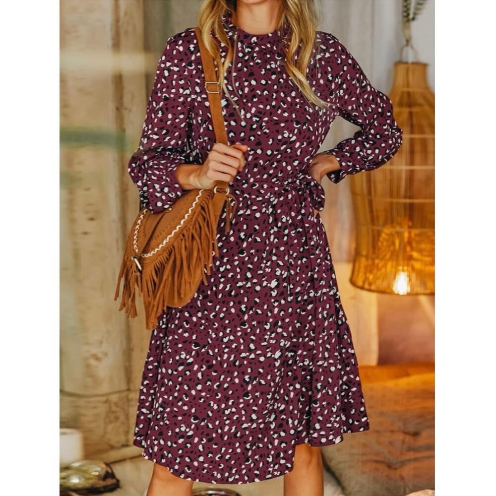 Cupshe A Line Burgundy Leopard Print Long Sleeve Midi Flowy Swing Dress NEW NWT